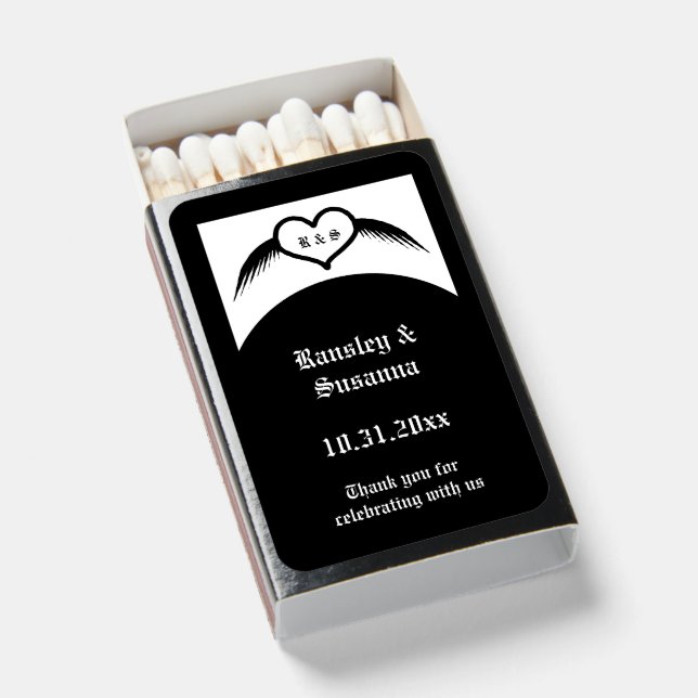 Gothic Wedding Winged Heart Custom Monogrammed Matchboxes (Front Open)