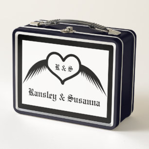 Gothic Wedding Winged Heart Custom Monogrammed Metal Lunch Box