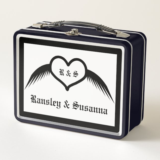 Gothic Wedding Winged Heart Custom Monogrammed Metal Lunch Box (Front)