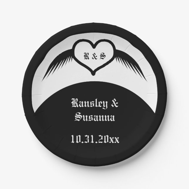 Gothic Wedding Winged Heart Custom Monogrammed Paper Plates (Front)