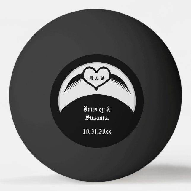 Gothic Wedding Winged Heart Custom Monogrammed Ping Pong Ball (Back)