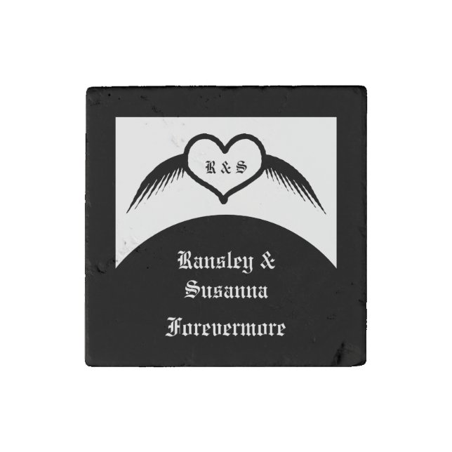 Gothic Wedding Winged Heart Custom Monogrammed Stone Magnet (Front)