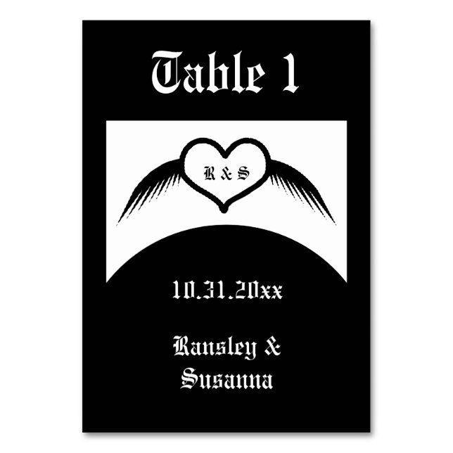 Gothic Wedding Winged Heart Custom Monogrammed Table Number (Front)
