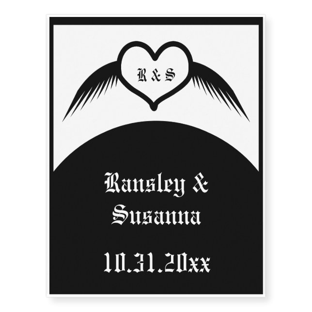Gothic Wedding Winged Heart Custom Monogrammed Temporary Tattoos (Front)