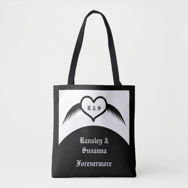 Gothic Wedding Winged Heart Custom Monogrammed Tote Bag (Front)