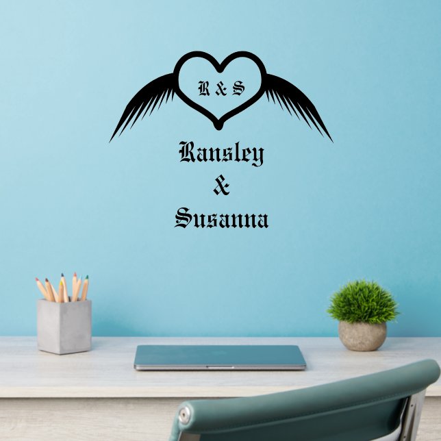 Gothic Wedding Winged Heart Custom Monogrammed Wall Decal (Home Office 2)