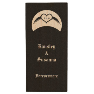 Gothic Wedding Winged Heart Custom Monogrammed Wood Flash Drive