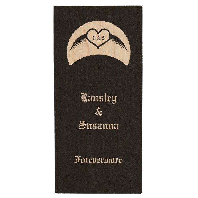 Gothic Wedding Winged Heart Custom Monogrammed Wood Flash Drive (Front Vertical)