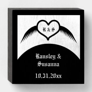 Gothic Wedding Winged Heart Custom Monogrammed Wooden Box Sign