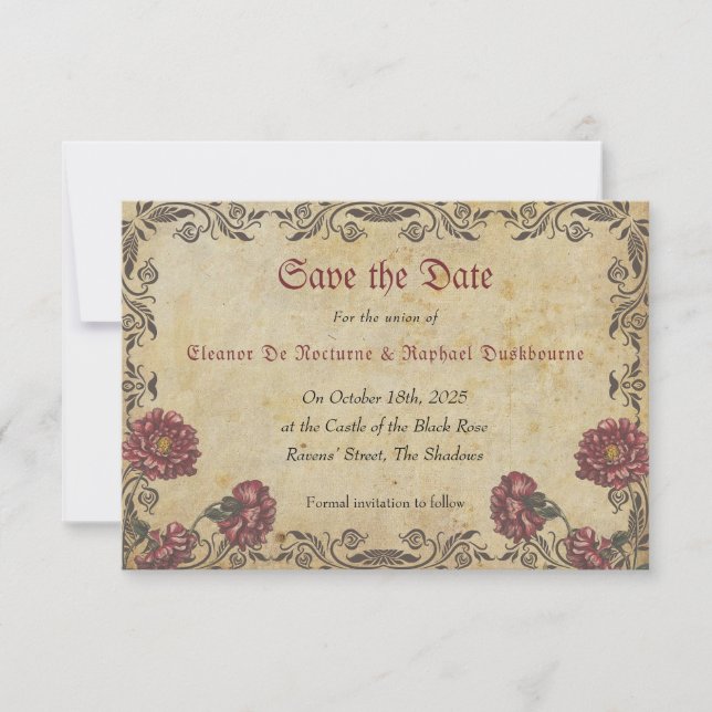 Gothic Wedding with Dark Florals  Save The Date (Front)