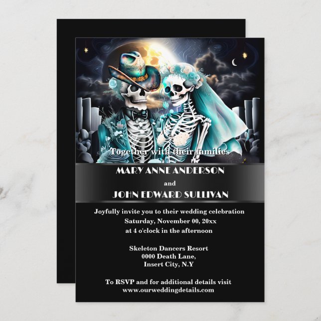 Gothic western skeleton couple halloween wedding invitation (Front/Back)