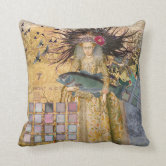 Whimsical Pisces Woman Renaissance fishing Gothic Throw Pillow by