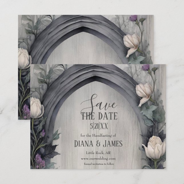 Gothic White Floral Arch Pagan Handfasting Save The Date (Front/Back)