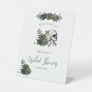Gothic White Floral Skull Bridal Shower Tabletop Pedestal Sign