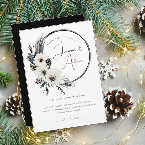 Gothic White Floral Wreath Christmas Wedding Invitation