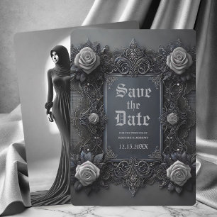 Gothic White Gray Floral Photo Save the Date