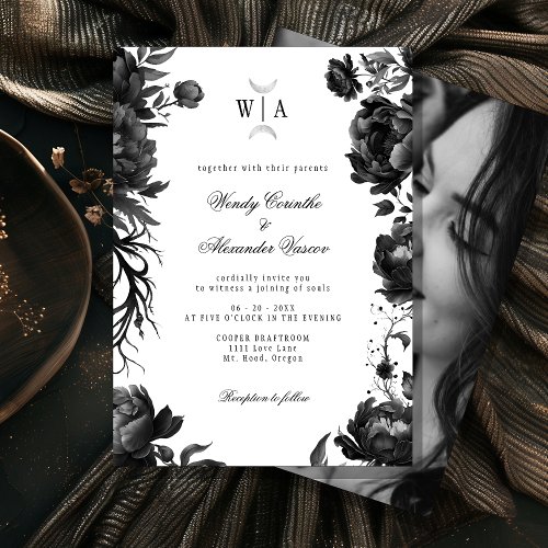 Gothic White Monogram Moon Crest Wedding Photo Invitation