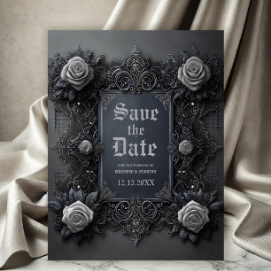 Gothic White Roses on Gray Save the Date Announcement Postcard