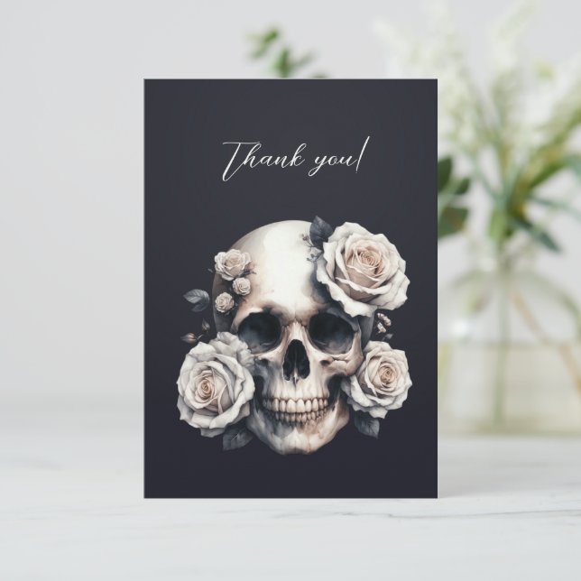 Gothic White Skull Crown of Roses Thank You Card (Standing Front)