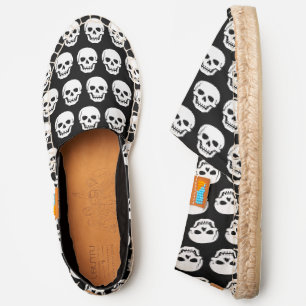 Gothic White Skull Front View, Black Canvas Espadrilles