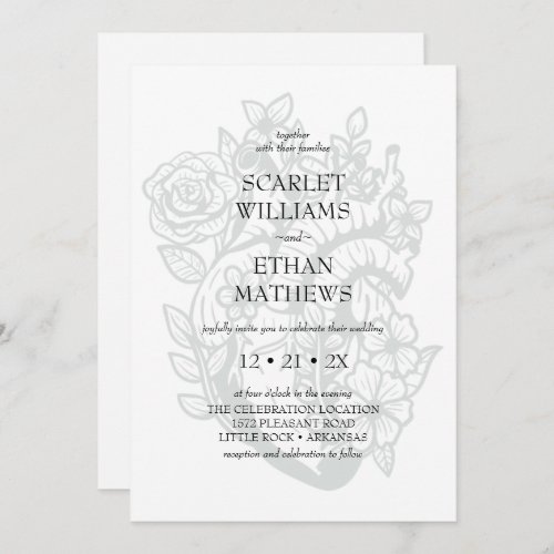 Gothic White Wedding Modern Elegant Floral Heart Invitation