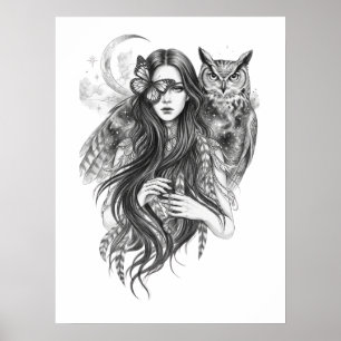 Gothic Wiccan Witch and Owl Dark Folklore Art Post Poster