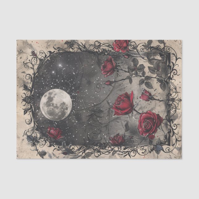 Gothic Window Full Moon Red Roses Tissue Paper (Front)