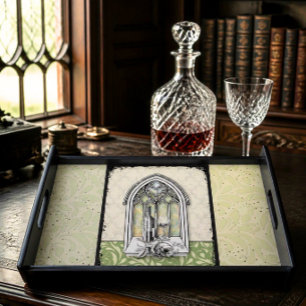 Gothic Wine Cellar Sage Green Damask Serving Tray