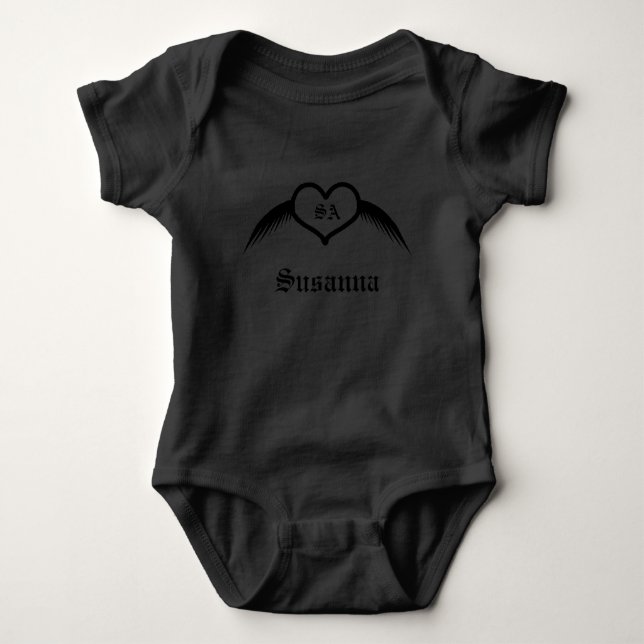 Gothic Winged Heart Custom Monogrammed Baby Bodysuit (Front)