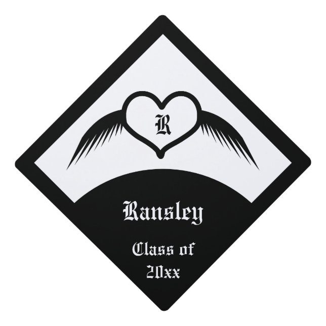Gothic Winged Heart Custom Monogrammed Graduation Cap Topper (Front)