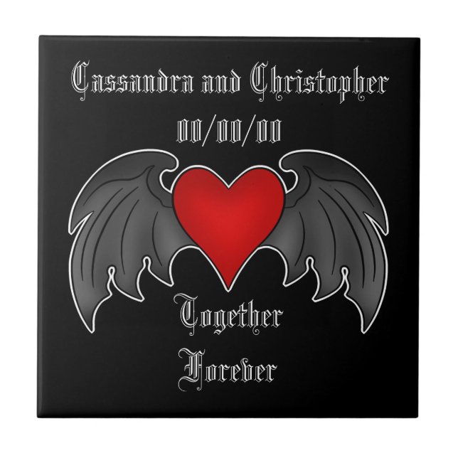 Gothic winged heart together forever ceramic tile (Front)