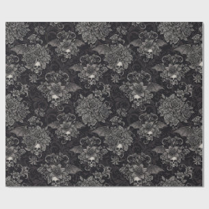 Gothic Winged Skulls Dark Floral Damask Wrapping Paper