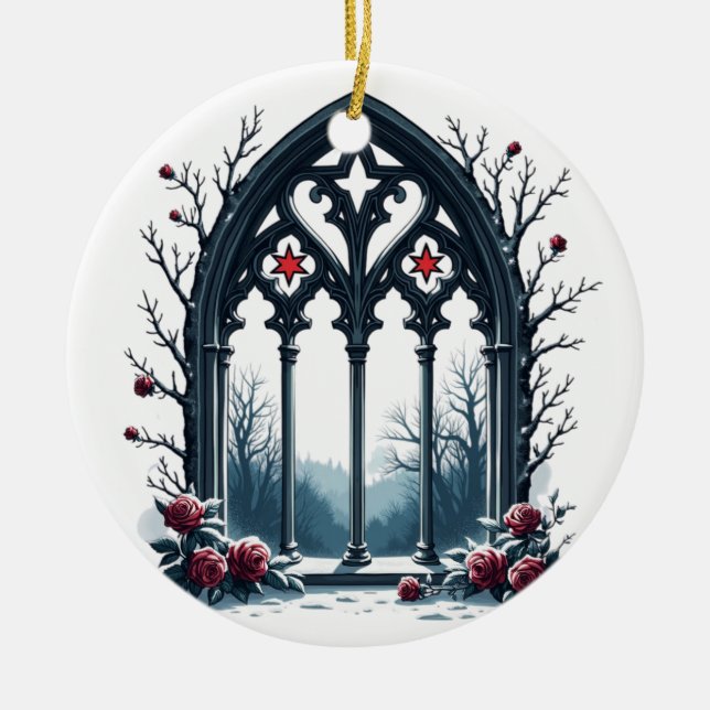 Gothic Winter Window with Roses Ceramic Ornament (Front)