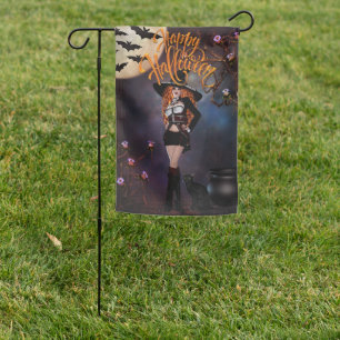Gothic Witch and Her Black Cat Happy Halloween Garden Flag