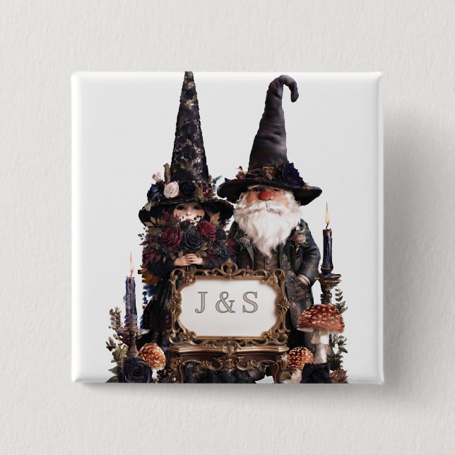 Gothic Witch and Wizard Gnomes with Initials Button (Front)