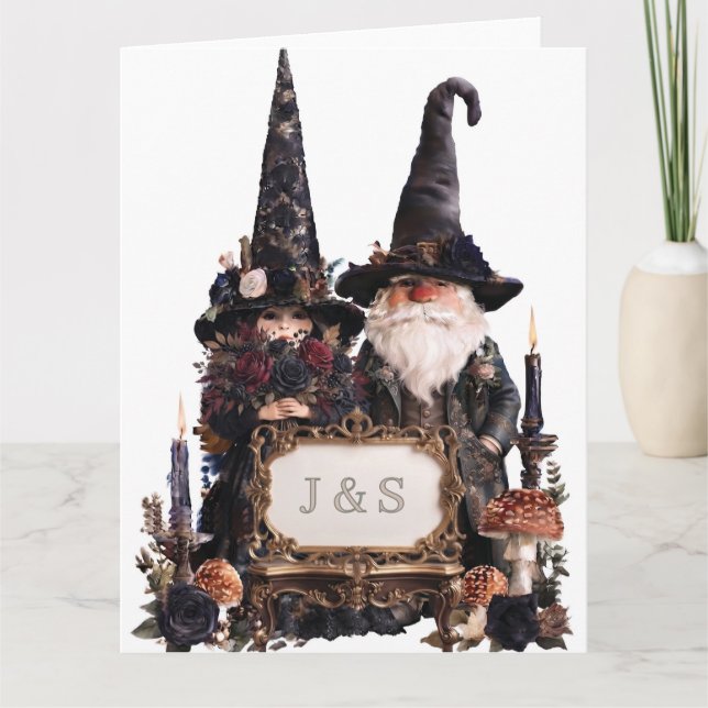 Gothic Witch and Wizard Gnomes with Initials Card (Front)