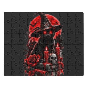 Gothic Witch Black Cat Halloween Skull Candle Desi Jigsaw Puzzle