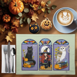 Gothic Witch Black Cat Owl Halloween Art Nouveau Cloth Placemat