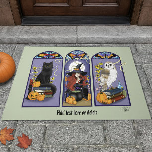 Gothic Witch Black Cat Owl Halloween Art Nouveau Doormat