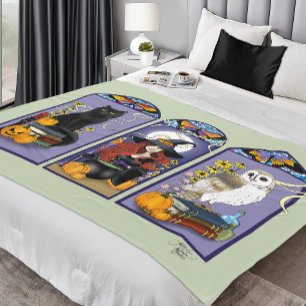 Gothic Witch Black Cat Owl Halloween Art Nouveau  Fleece Blanket