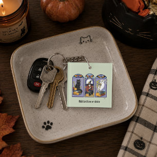 Gothic Witch Black Cat Owl Halloween Art Nouveau Keychain