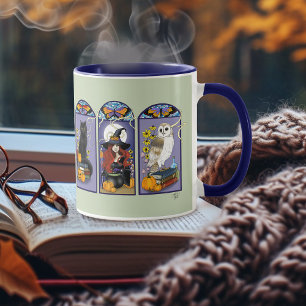 Gothic Witch Black Cat Owl Halloween Art Nouveau Mug