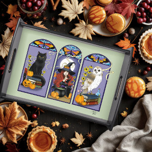 Gothic Witch Black Cat Owl Halloween Art Nouveau Serving Tray