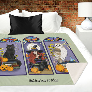 Gothic Witch Black Cat Owl Halloween Art Nouveau  Sherpa Blanket