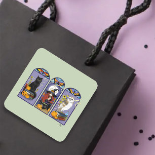 Gothic Witch Black Cat Owl Halloween Art Nouveau Square Sticker