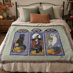 Gothic Witch Black Cat Owl Halloween Art Nouveau Throw Blanket