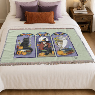 Gothic Witch Black Cat Owl Halloween Art Nouveau Throw Blanket