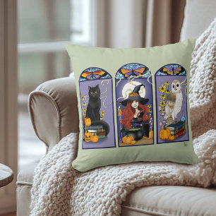 Gothic Witch Black Cat Owl Halloween Art Nouveau Throw Pillow