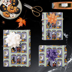 Gothic Witch Black Cat Owl Halloween Art Nouveau Wrapping Paper Sheets