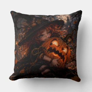 Gothic Witch & Halloween Pumpkin Pillow